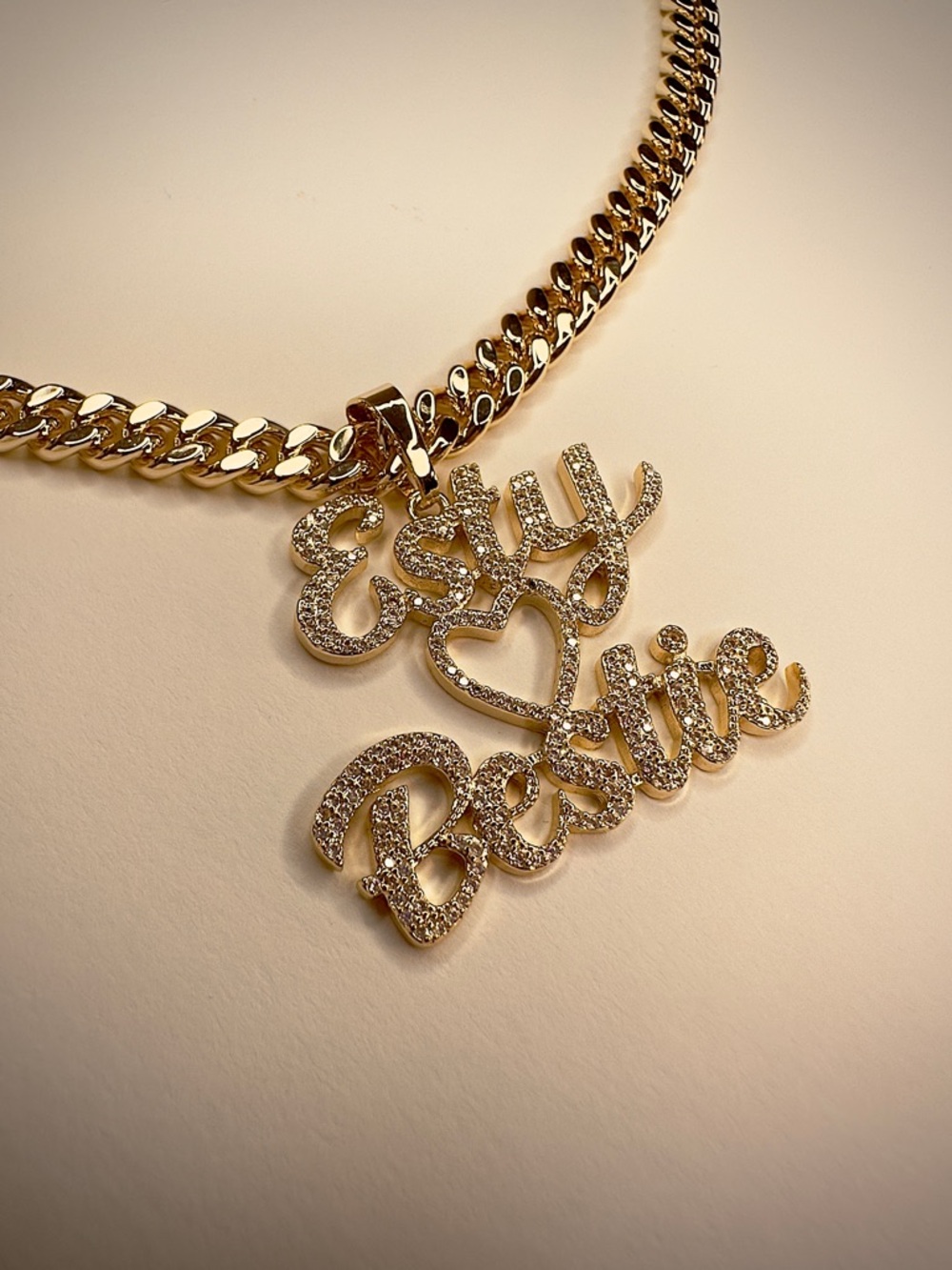 Gold 'Bestie' Script Pendant Necklace with Clear Crystals - Gold Tone